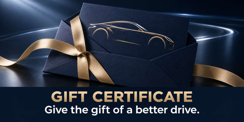 Automotive Gift Certificate Navy and gold automotive gift certificate with a gold sports car silhouette and ribbon