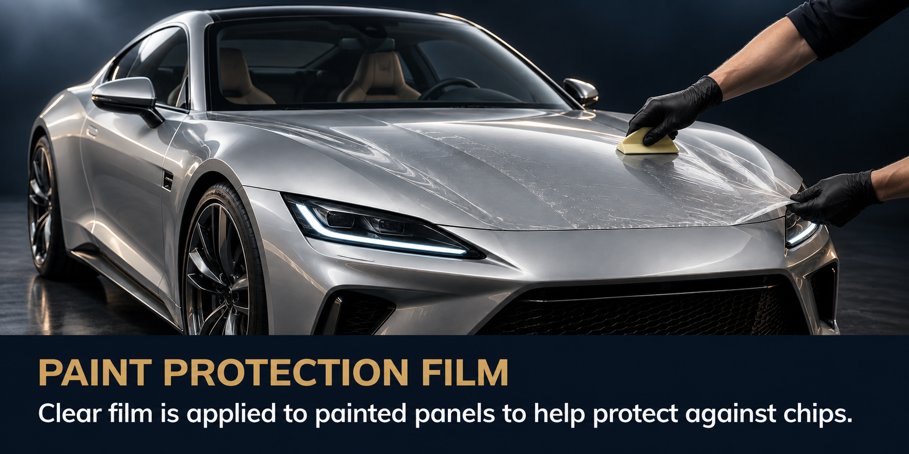 AI-generated illustration: clear paint protection film is applied to painted panels to help protect against chips.