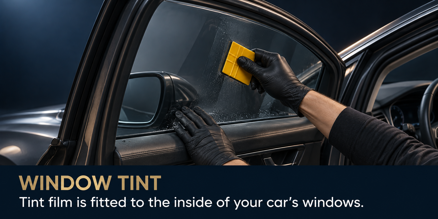 AI-generated illustration: tint film is fitted to the inside of a car window using a squeegee.